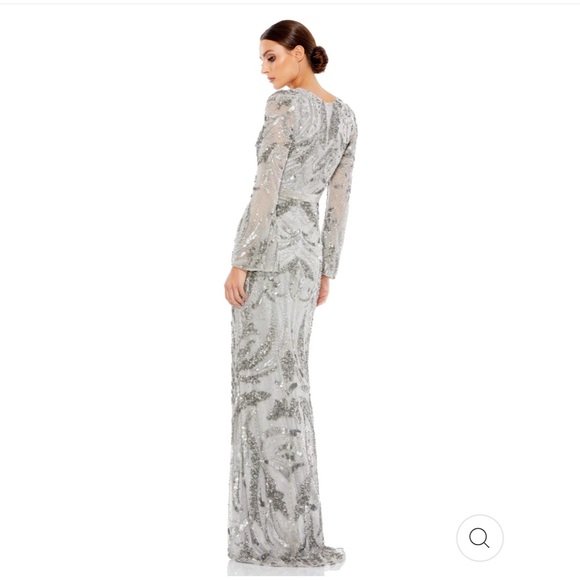 Mac Duggal 5222 SEQUINED WRAP SPLIT LONG SLEEVE GOWN NWT platinum Silver Sz 12 - Picture 3 of 15